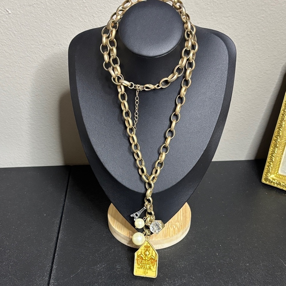 Paris Eiffel Tower Charm Faux Pearl Rhinestone Chain Link Gold Tone Necklace